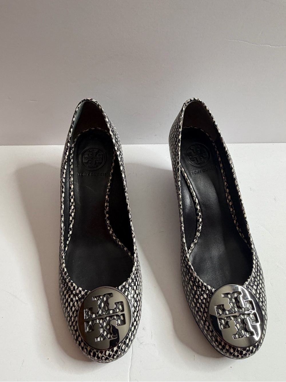Tory Burch Black & White Tweed Logo Round-Toe Flats